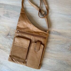 Y2K revival Tan Leather Crossbody Bag Sling Streetwear Boho Hippie 90s Hipster